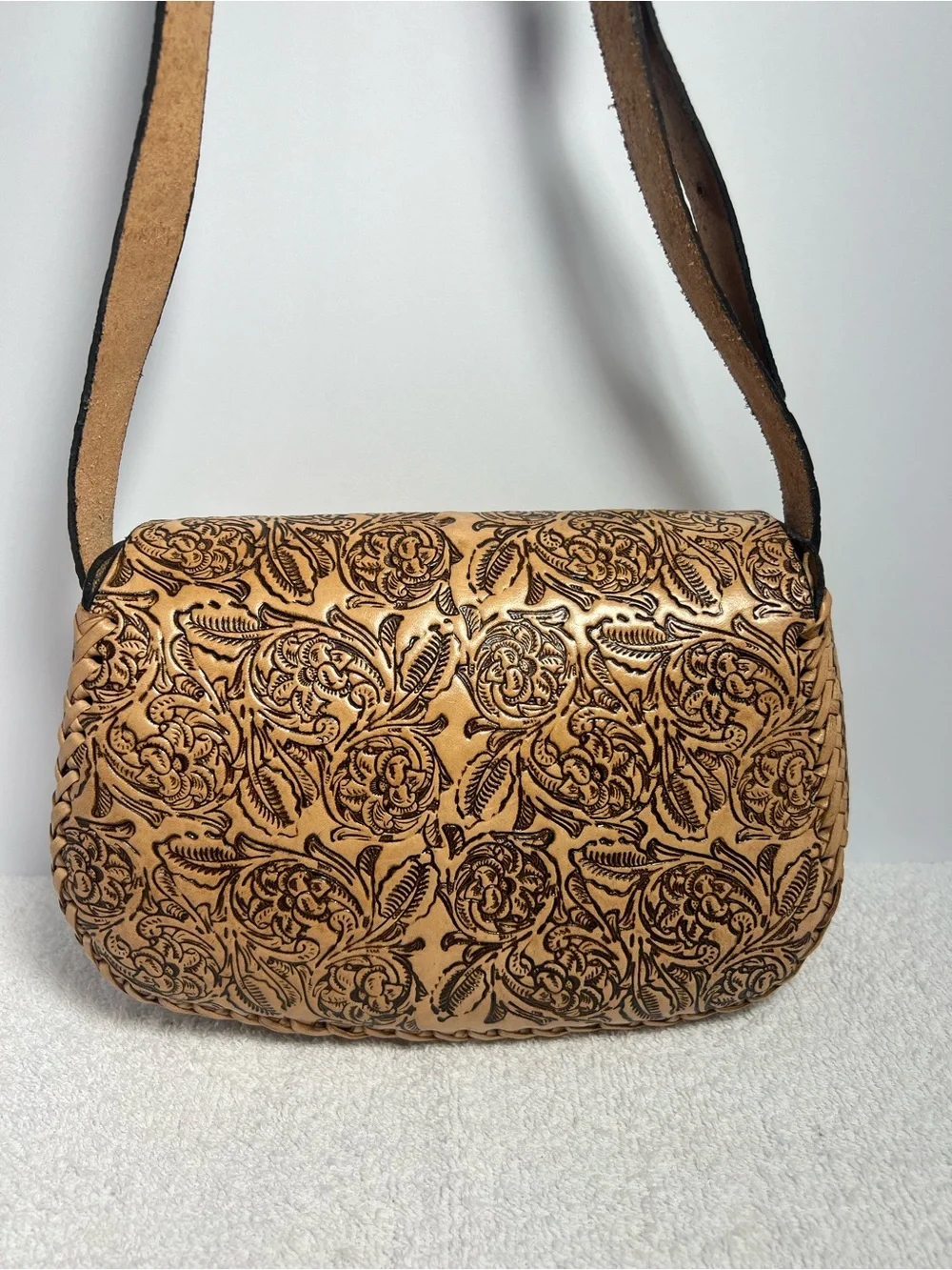 Tooled Leather Embossed Floral Saddle Bag Braided Handcrafted Western Boho